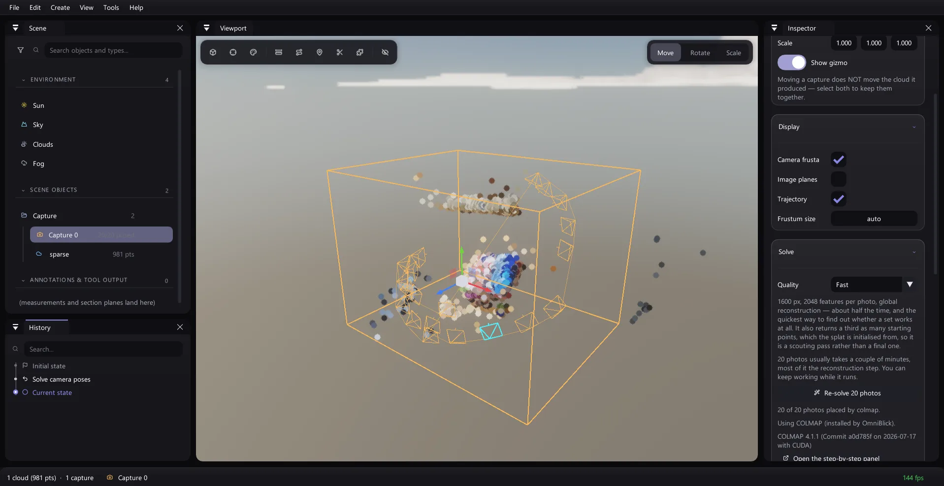 Solved camera frusta and a trajectory drawn through a scene beside the sparse point cloud.